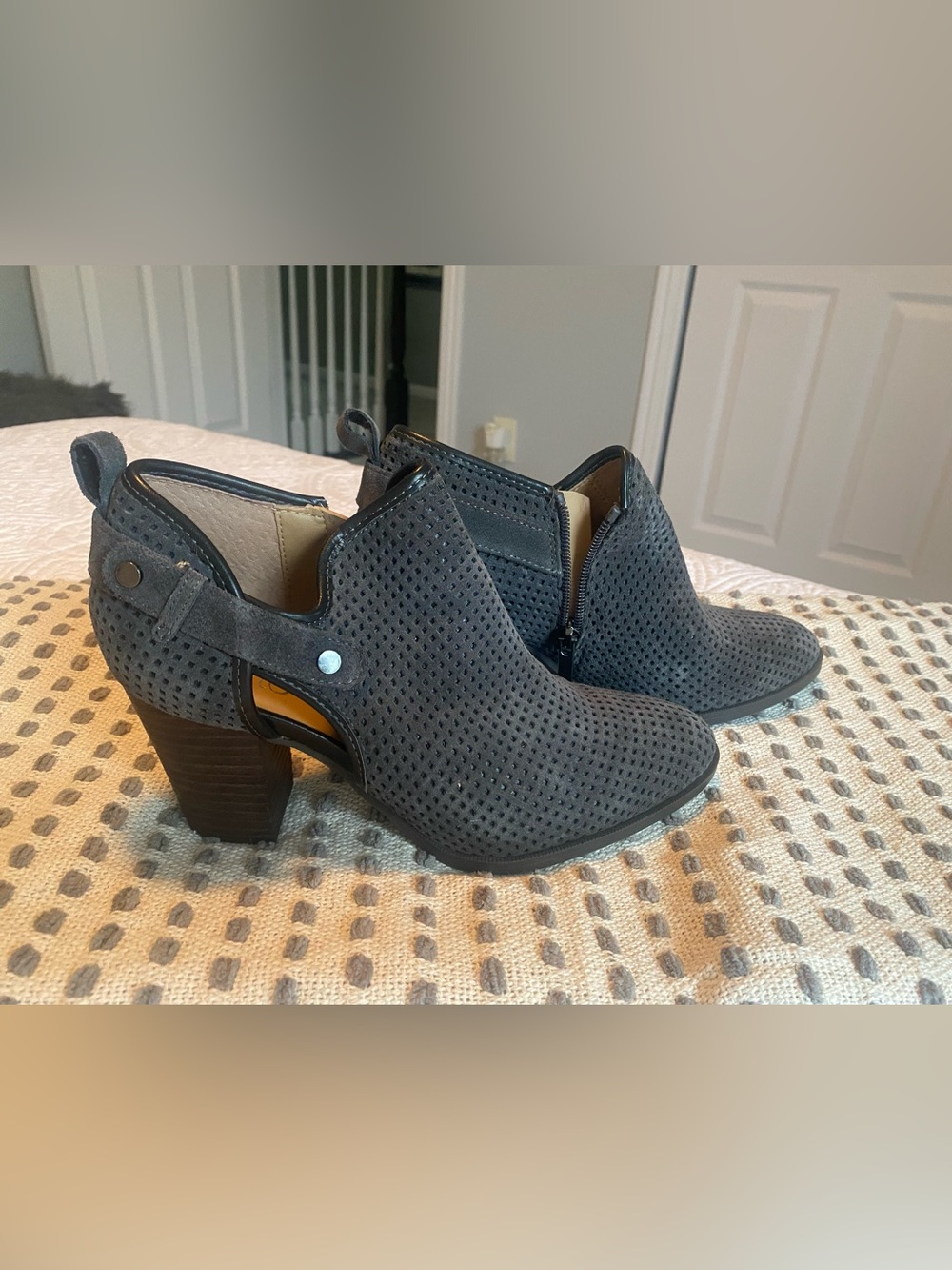 Franco Sarto Charcoal Gray Perforated Block Heel Booties